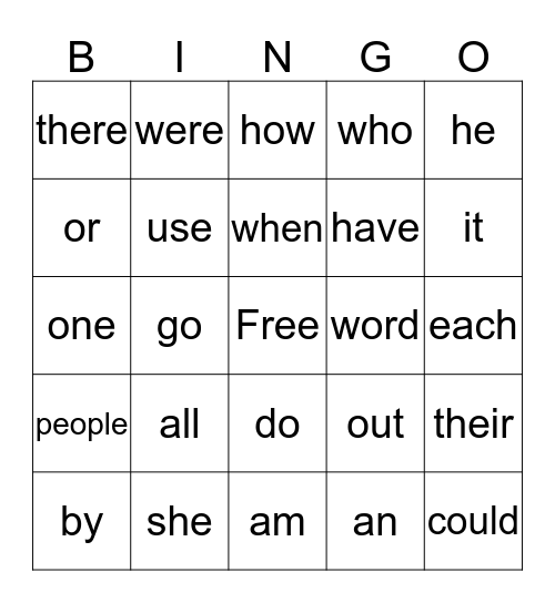 Sight Word Bingo Card