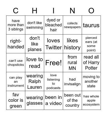 Chino's Birthday Bingo Card