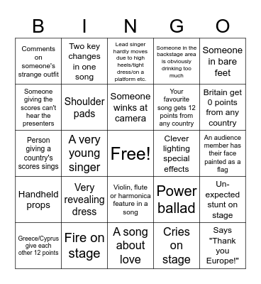 Eurovision Bingo Card