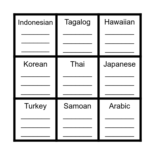 Asian Greeting Bingo Card