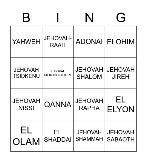 NAMES OF GOD Bingo Card