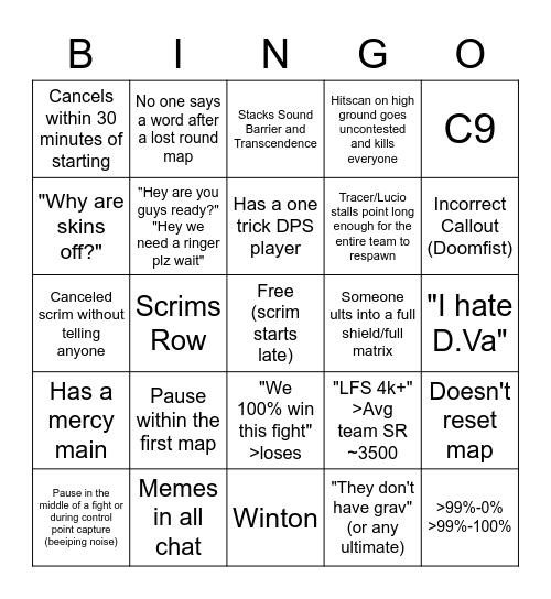 NA Scrim Bingo Card