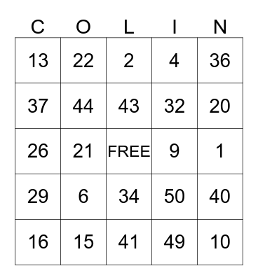 Colin's Birthday Bingo Card
