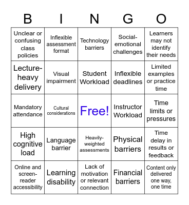 UDL Barrier Bingo Card