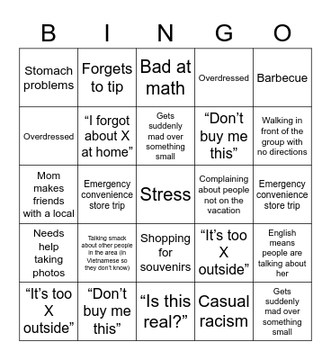 Mom Vacation Bingo Card