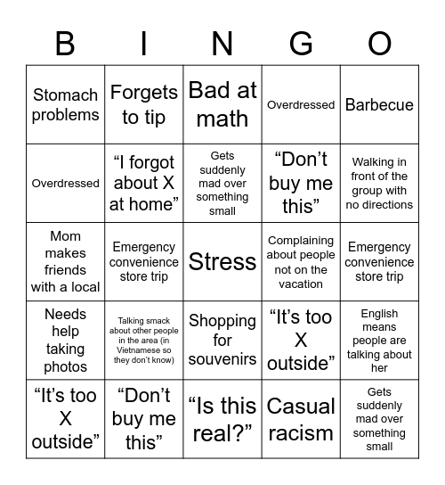 Mom Vacation Bingo Card