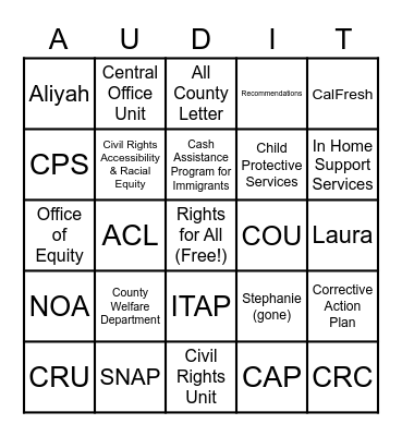 Civil Rights Unit Audit Bingo Card