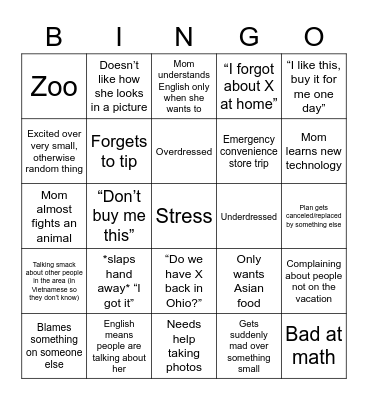 Mom Vacation Bingo Card