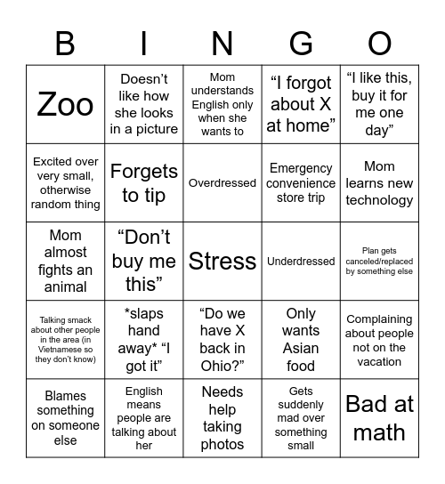 Mom Vacation Bingo Card