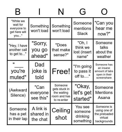 Zoom Meeting BINGO Card