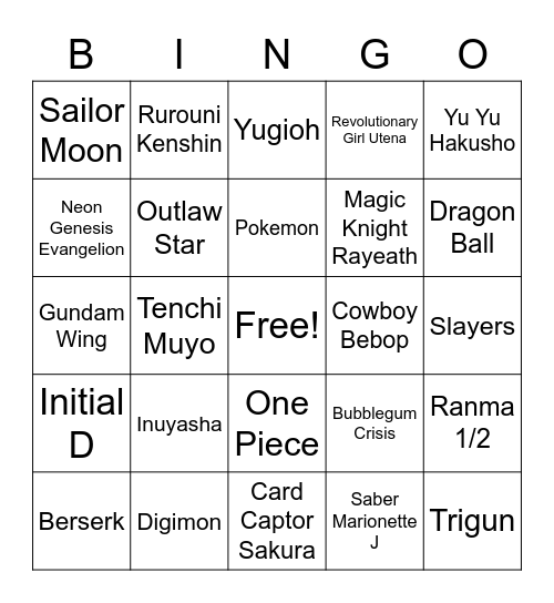 90s Anime Bingo Card