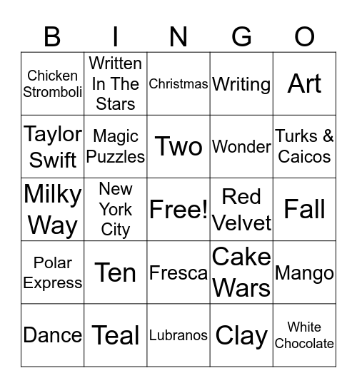 Kailey's Birthday Bingo Card