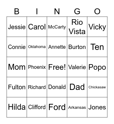 Burton Family Gathering Bingo Card