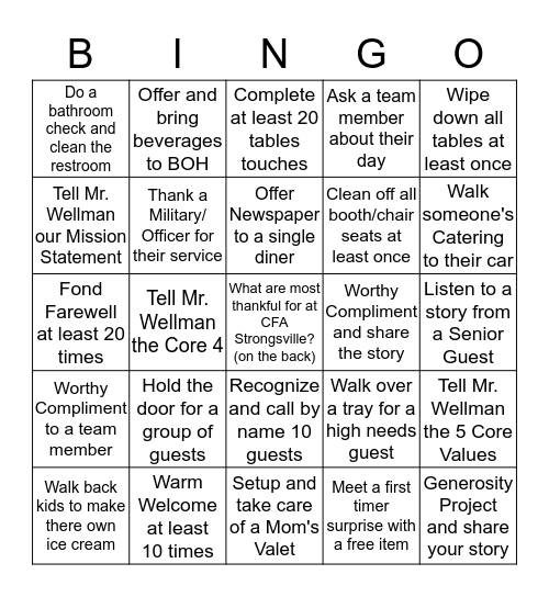 Service Bingo  Bingo Card