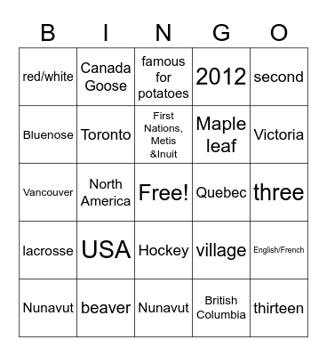 Canada Eh? Bingo Card