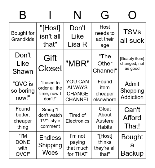 QVC Board Bingo Card