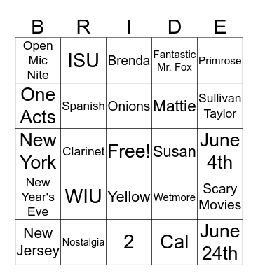 Bridal Bingo Card