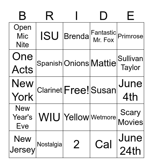 Bridal Bingo Card