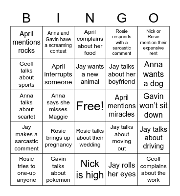 Davis family dinner Bingo Card
