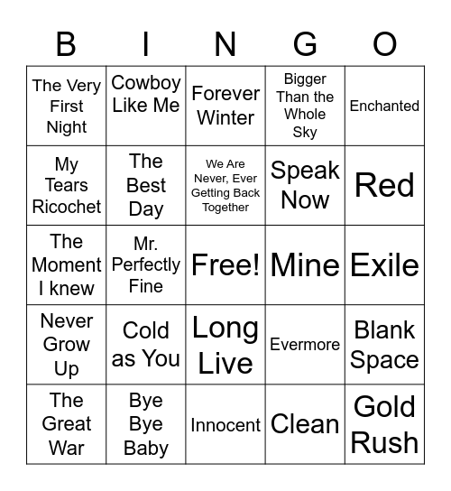 Taylor Swift Bingo Card