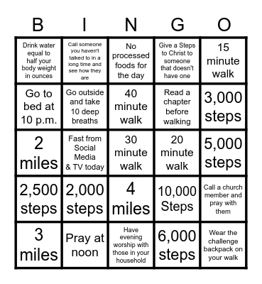 Walking Challenge 2023 Bingo Card