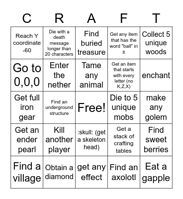 Minecraft BEENGOOO (tree) Bingo Card