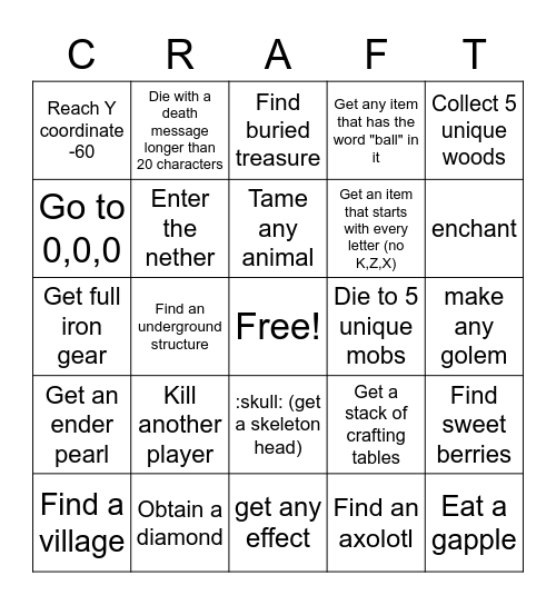 Minecraft BEENGOOO (tree) Bingo Card