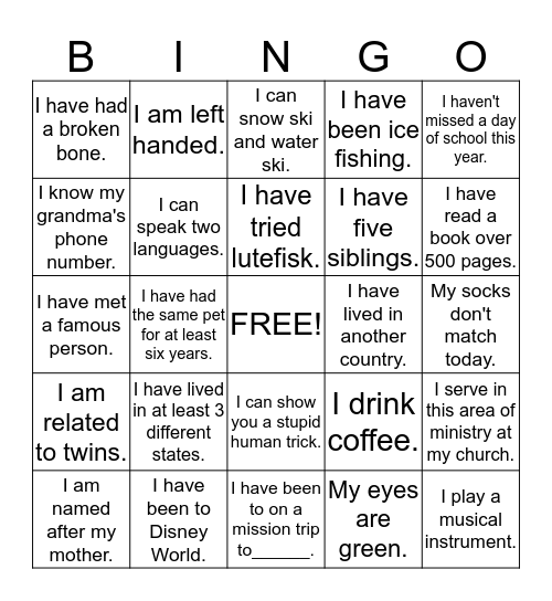 5th Grade Chapel Hill Bingo Card