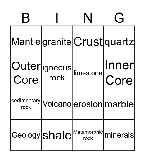 Rock Science Bingo Card