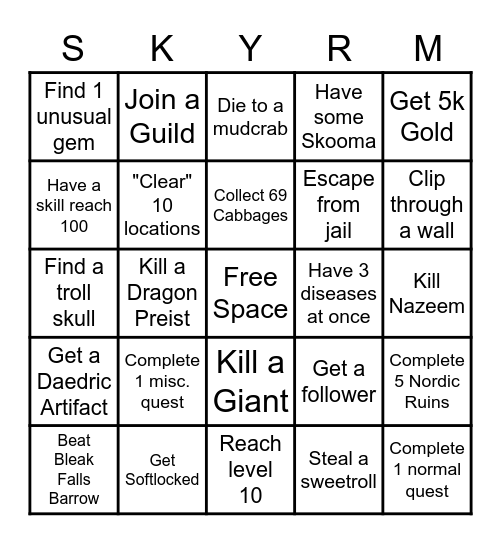 Skyrim Randomizer Bingo Board Bingo Card