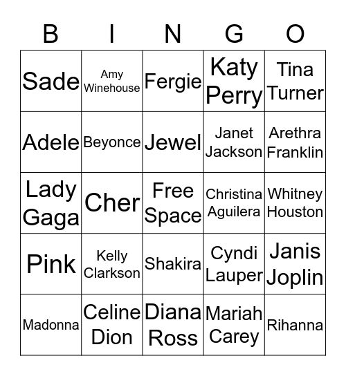 Music Bingo - Female Artists Bingo Card