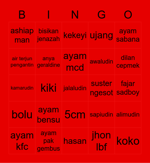 ajun Bingo Card