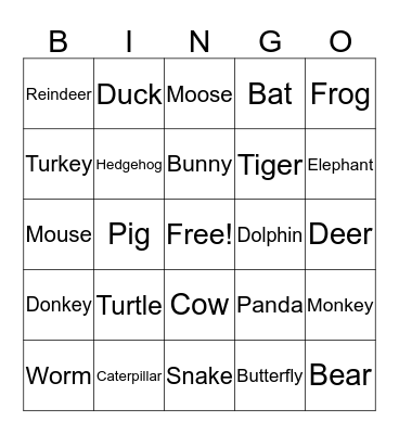 ASL Animals Bingo Card