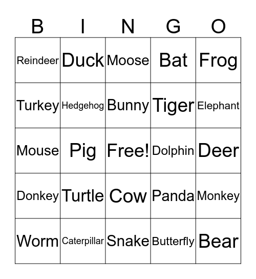 ASL Animals Bingo Card