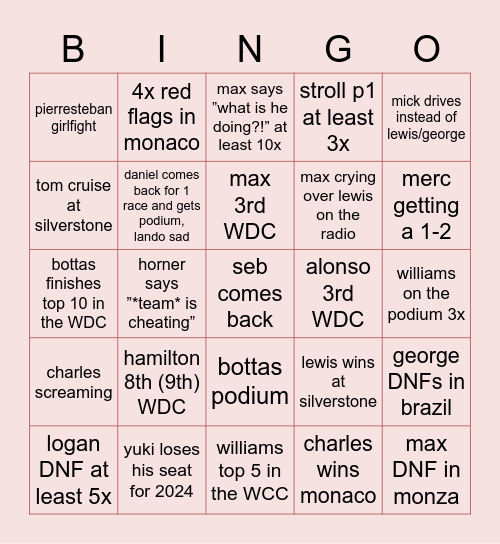 F1 2023 Bingo Card