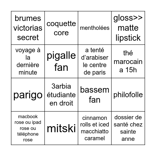 Imène bingo 💖😻 Bingo Card