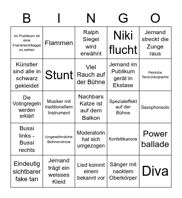 Eurovision Bingo Card