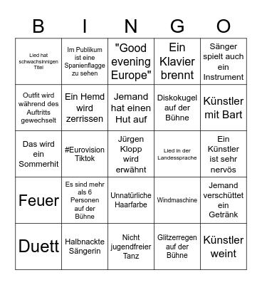 Eurovision Bingo Card