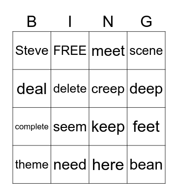 Double Vowel Long E Bingo Card