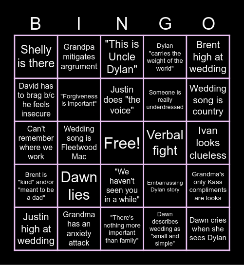 Wedding Weekend Bingo Card