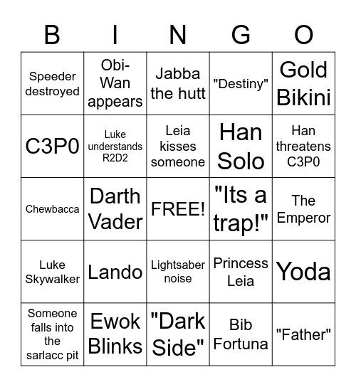 Star Wars: Return of the Jedi Bingo Card