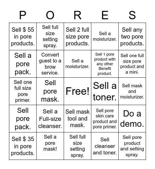 Benefit Pore Product Bingo Card