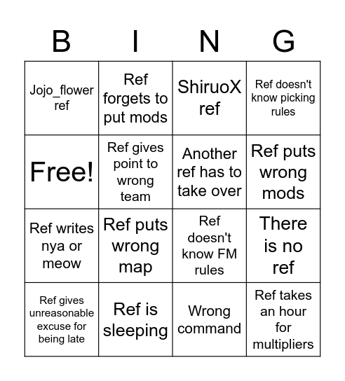 Referee Bingo Card