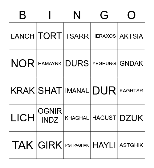 ARMENIAN WORDS Bingo Card