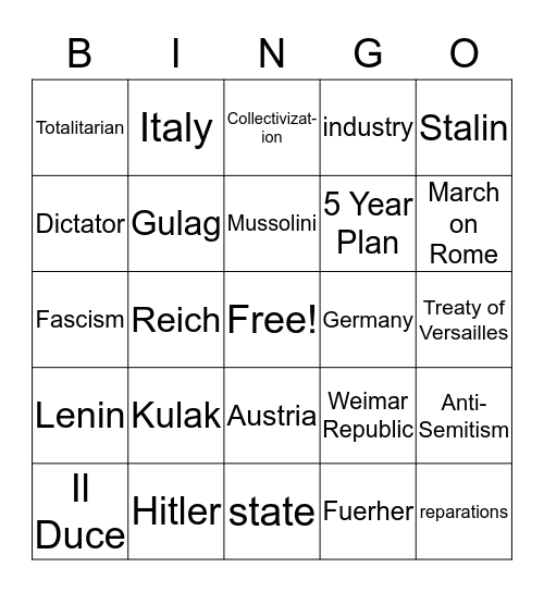Rise of Dictators Bingo Card