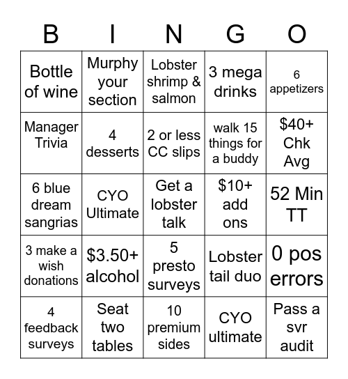 Lobstar Bingo Card