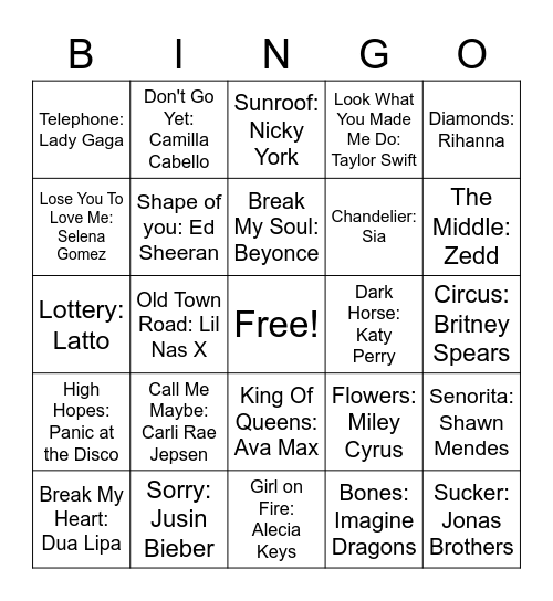 List 2 Bingo Card