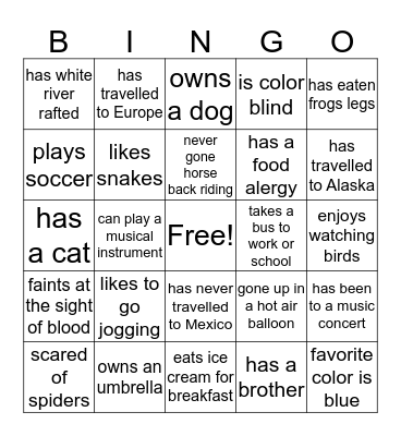 Get to know the Farrell Family Bingo Card