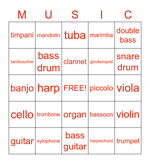 Musical instruments Bingo Card