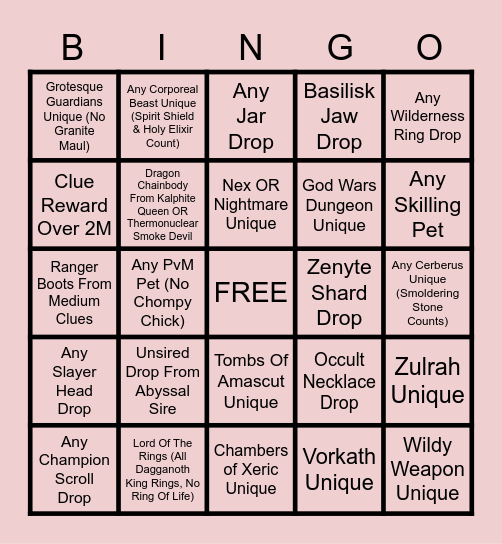 OSRS Diversive Bingo Card Bingo Card